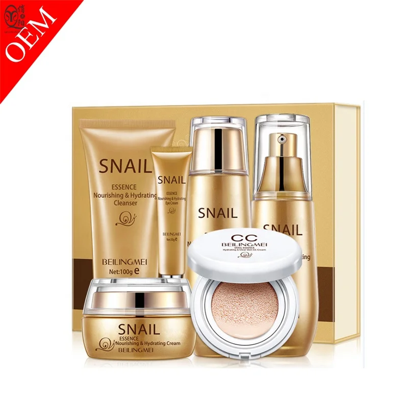 

6pcs Snail Lotion nourishing skin care kit with CC cream, White;customized