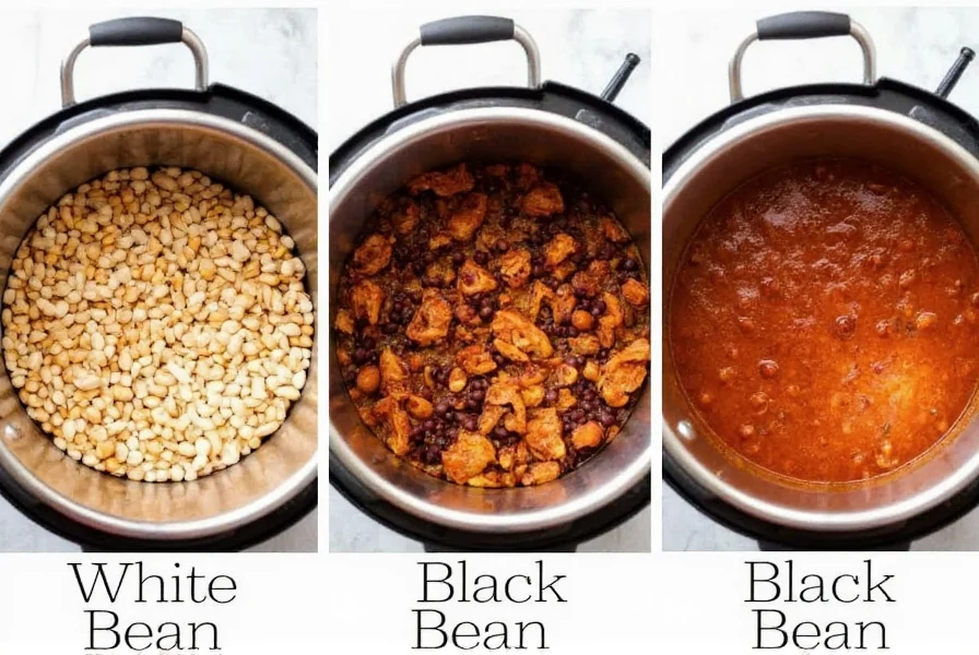 Comparison of chicken chili variations showing texture differences between white bean, black bean, and no-bean versions in Instant Pot