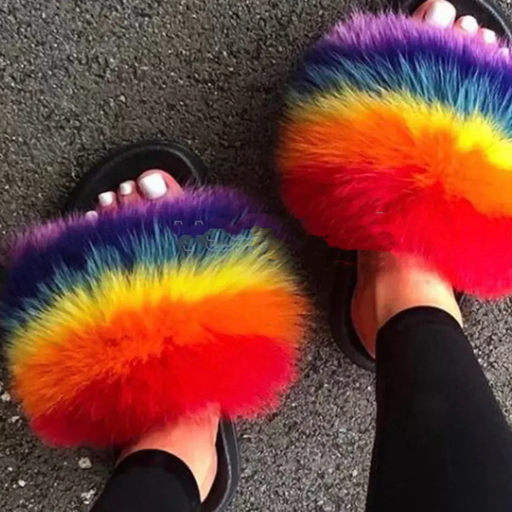 

Custom logo indoor pvc sole racoon furry fur slides sandal colorful 100% fluffy fox raccoon fur slipper for women, Color matching or can be customized according to requirements
