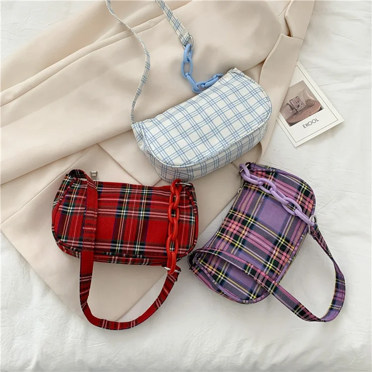 

2022 New Popular Personalized Canvas Plaid One Shoulder Armpit Bag Portable Tote Bag for Women, Red, purple, blue