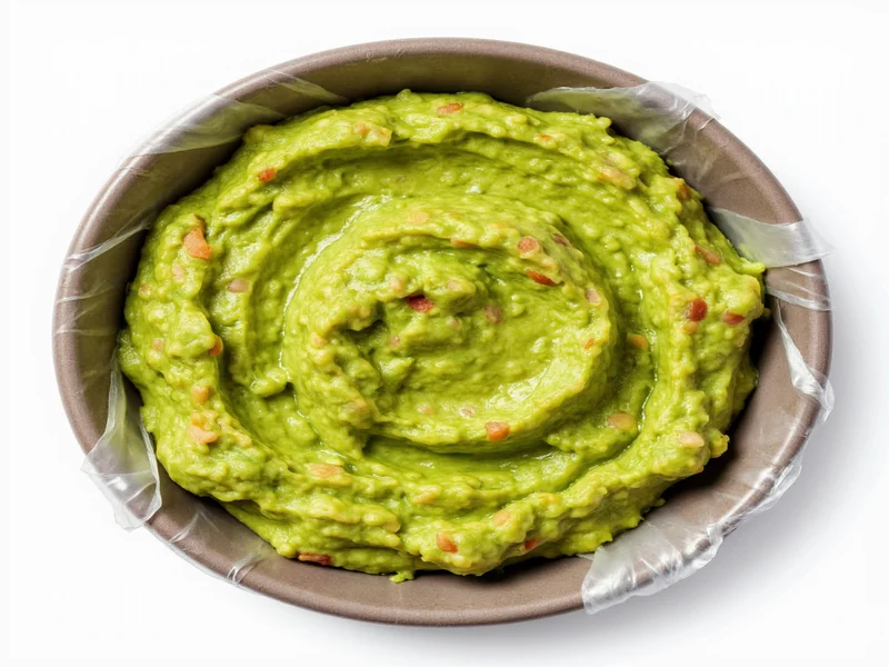 Guacamole in bowl with plastic wrap pressed on surface