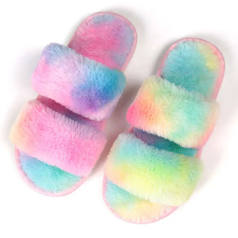 

Wholesaling Rainbow Indoor Household Use Double Strap Furry Faux Fox Fur Slippers for Women