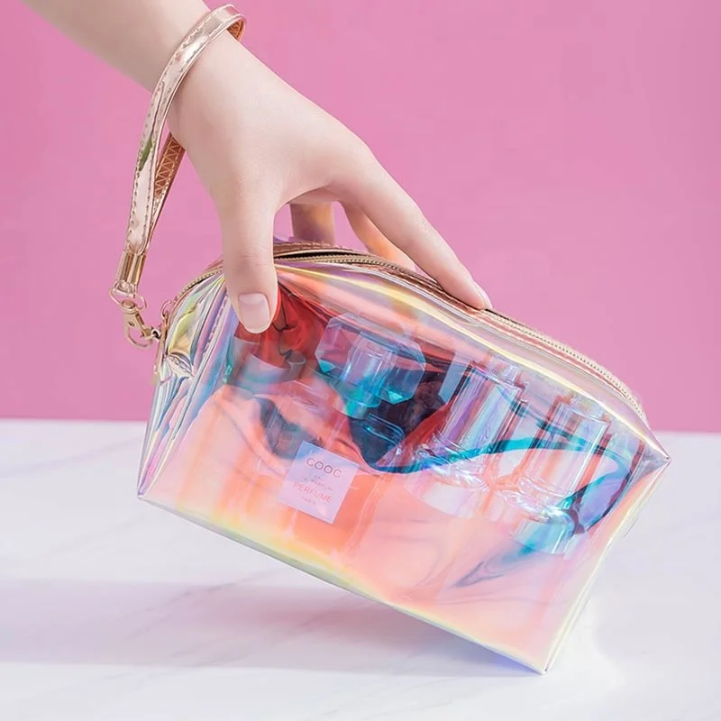 

Wholesale Bulk Women Travel Cosmetic Clear Holographic Checkered Square Plain Glitter Makeup Bag