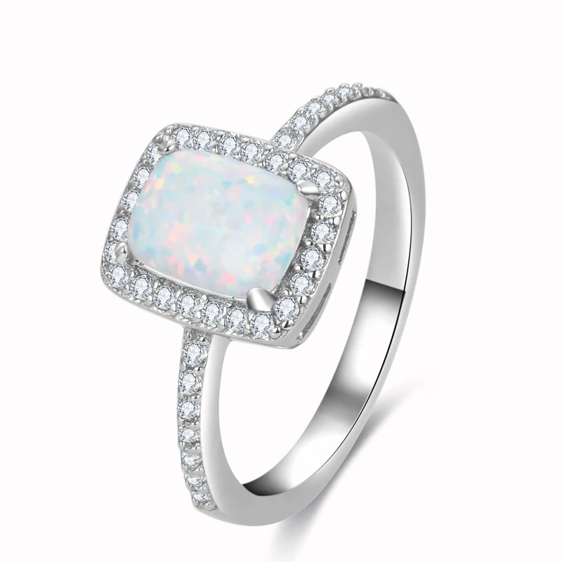 

925 Sterling Silver White Blue Rectangle Opal and White Diamond Women Engagement Ring