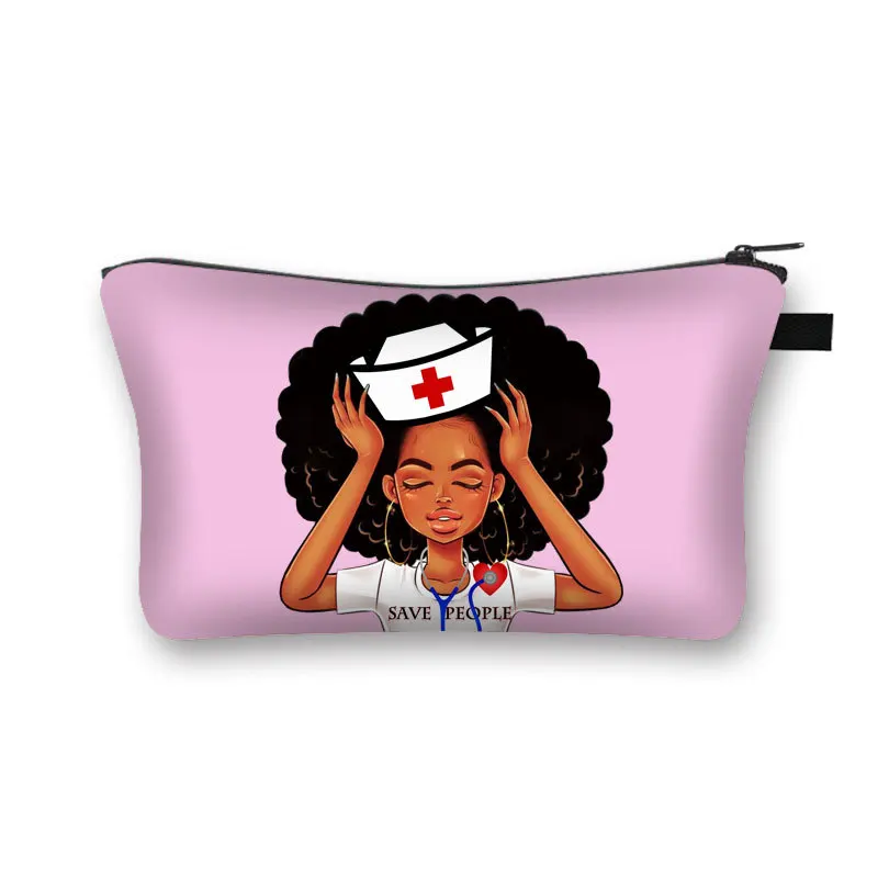 

New African Girl Cosmetic Bag Cartoon Print Clutch Bag Lady Large Capacity Travel Storage Bag