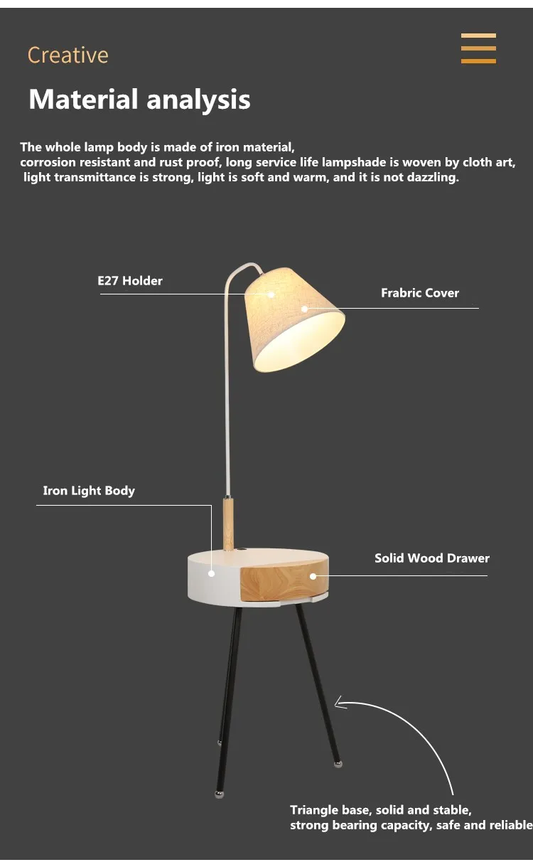 New Arrival LED Floor Light Tea Table Furniture with Solid Wood Drawer Modern Standing Light Floor lamps with USB for Bedside
