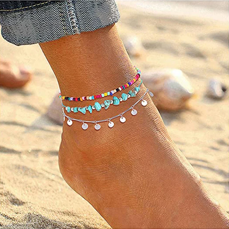 

Charm Color Beads Sequin Adjustable Ankle Bracelets Set Multilayer Beach Boho Anklets for Women, Gold/sliver