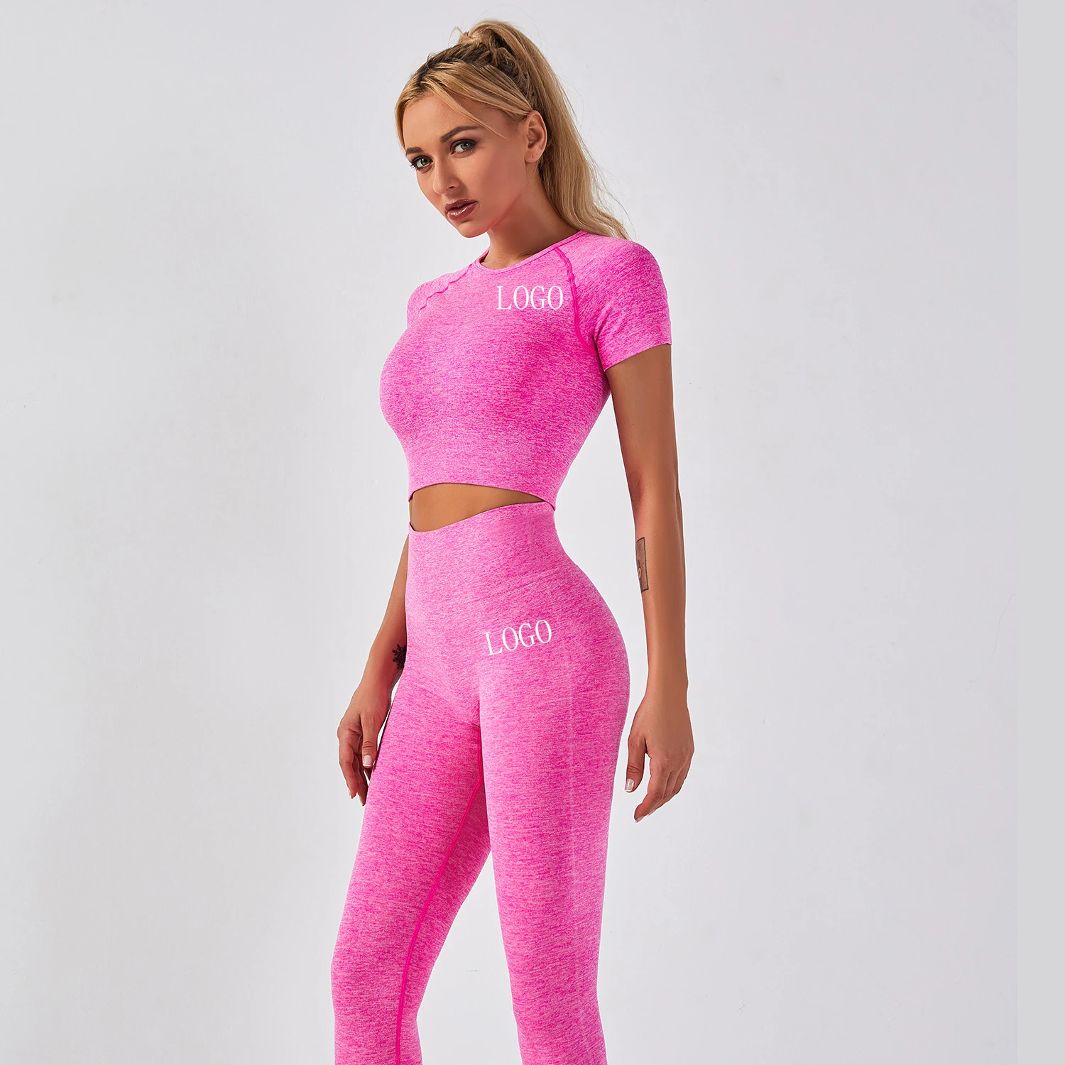 

Pink Women Tight Seamless Yoga Sets Gym Clothing Fitness Leggings Cropped Shirts Sport Suit Short Sleeve Tracksuit Active Wear