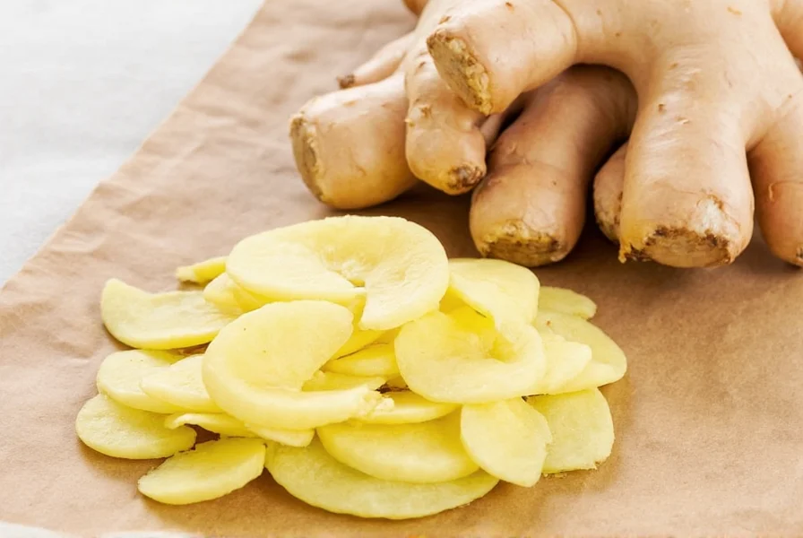 Fresh ginger slices frozen in labeled portion containers inside freezer