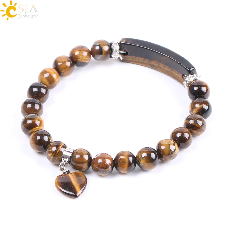 

CSJA hot tiger eye bead crystal stone stretch bracelet fashion natural stone jewelry heart charm bracelet making F105