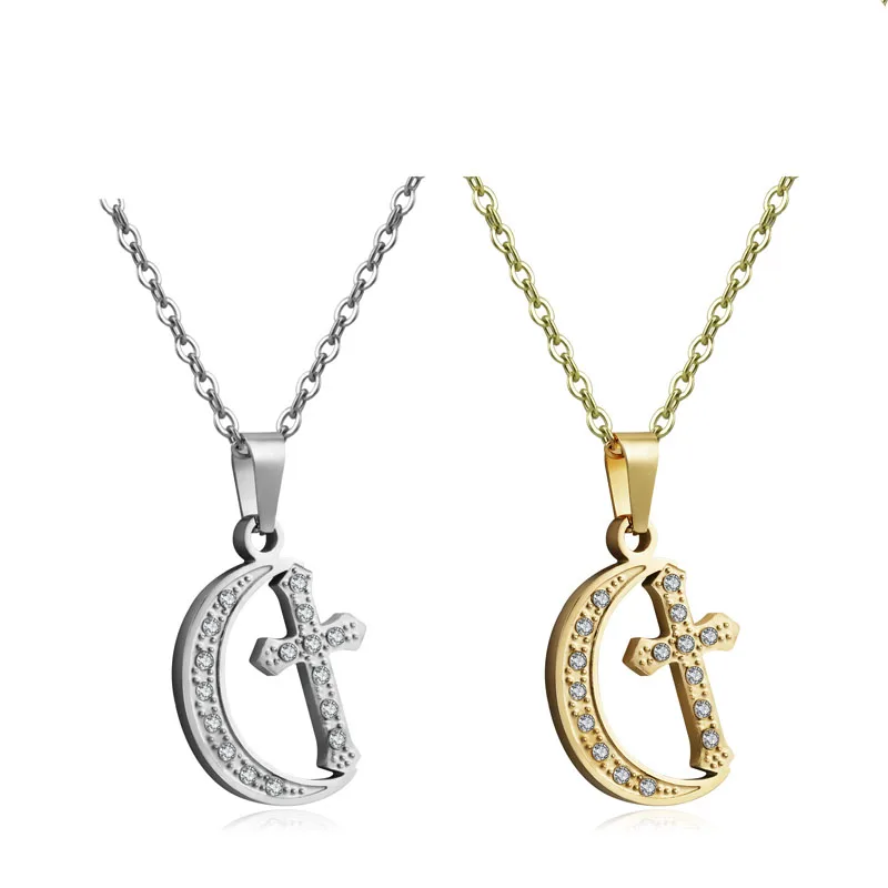 

Crescent Cross Shaped With Bling Bling Zircon Stainless Steel Pendant Jewelry For Women Men, Colorful