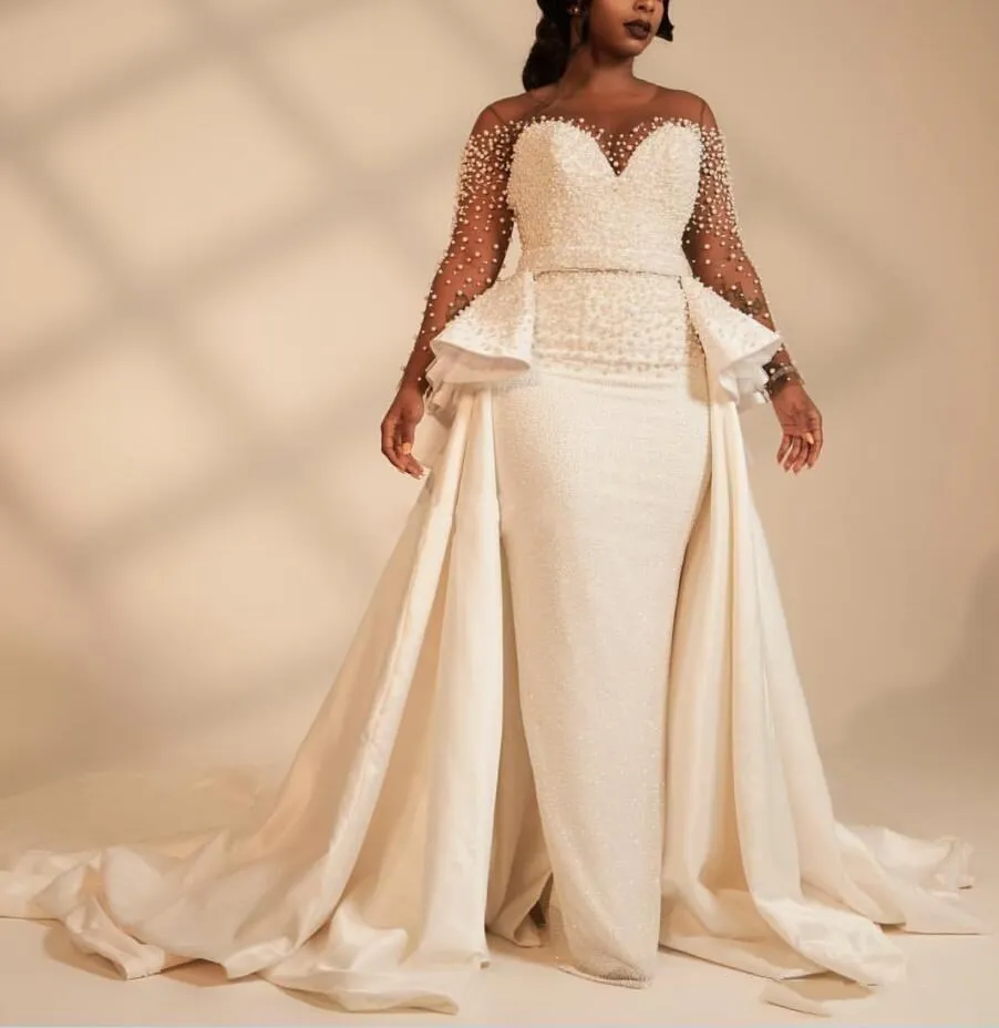 

NE206 African Mermaid Plus Size Wedding Dresses Overskirts Scoop Neck Long Sleeve Pearls beaded Garden Country Bridal Gowns 2021, Default or custom