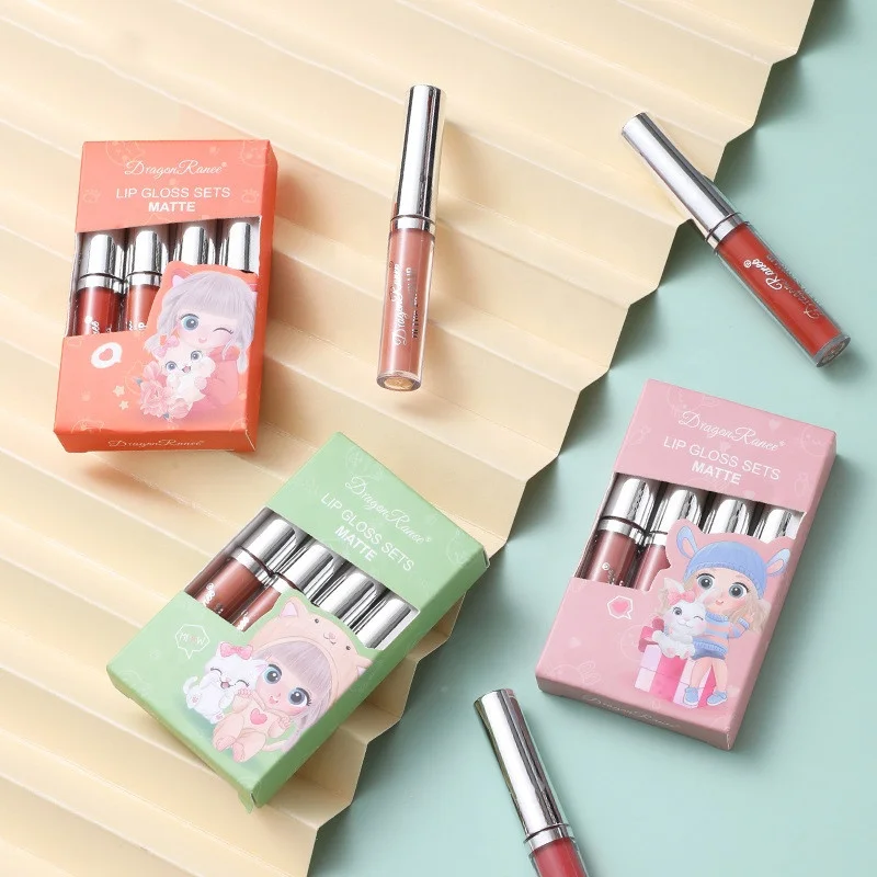 

4pcs/set Lip Gloss Cute Lip Glaze Velvet Matte Lipstick Non-stick Cup Set Box, As picture shown