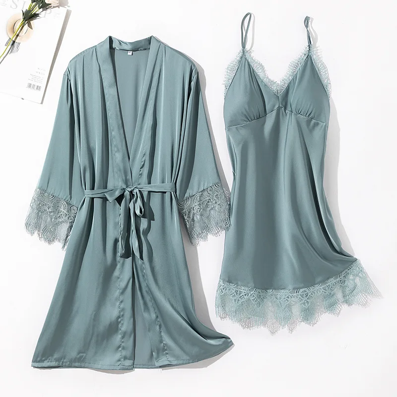 

2021New style women silk linger set Nightdress Sleepwear Ladies summer 2pcs pajamas set plain sleepwear