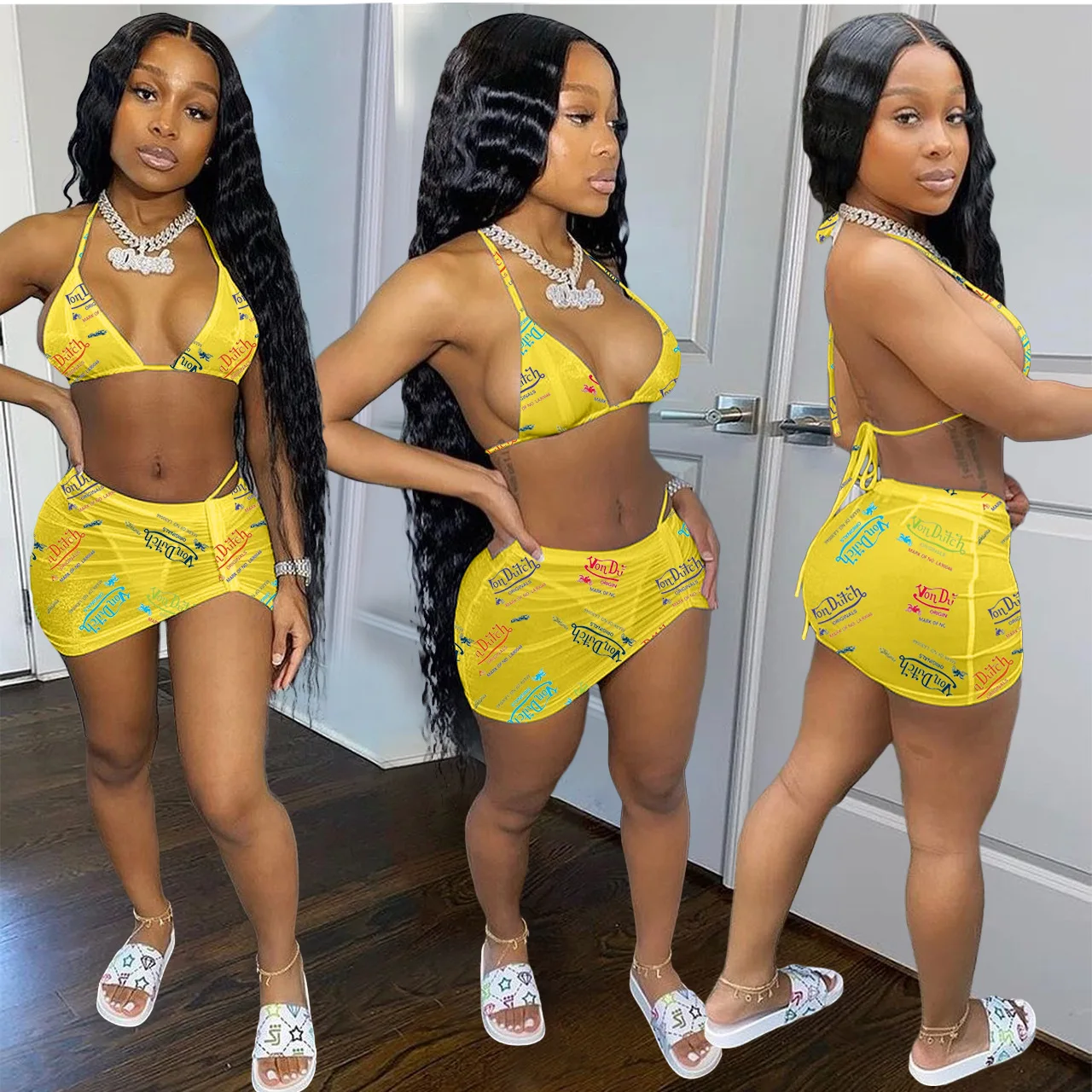 

Sexy Beachwear Girls Print Bikini 3 Piece Bra Set With Mesh Skirt Cover Up Swimsuit