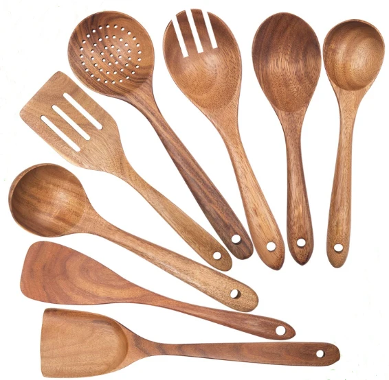 

Healthy Non StickSolid Durable Home Kitchen Serving Spoon Spatula Hanging Teak Wood Spatula Cooking Utensils Set with LOGO Free, Brown