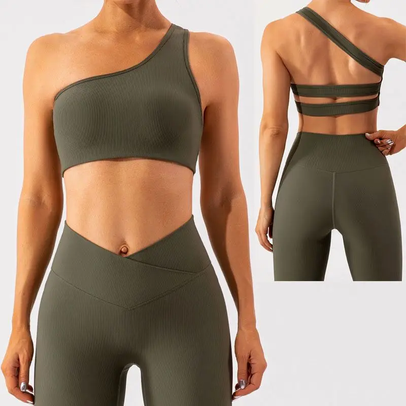 

Ribbed One Shoulder Bra Top and Cross Waist Gym Leggings Sweat-wicking Seamless Gym Sets