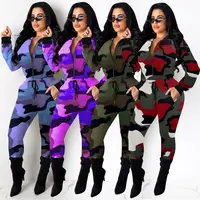 

Women's Fashion Printed Camouflage Colour 2 Piece Sets pockets trousers Zipper Tops Outfit Tracksuit Outwear