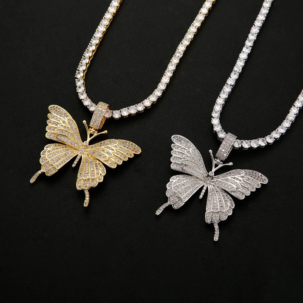 

High quality Cubic Zircon Paved Bling Ice Out Butterfly Large Pendant Necklace For Men Women
