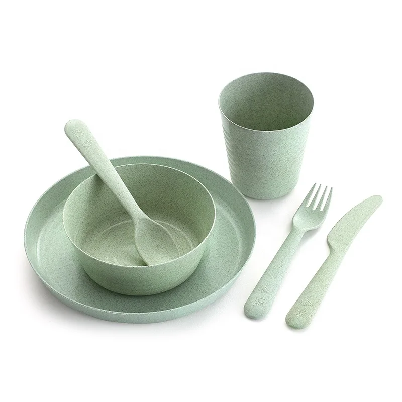 

Wholesale Eco Friendly Luxury Kitchen Kids Wheat Straw 6 Pcs Knife Fork Spoon Bowl Dinnerware Dinner Set, Green, blue, pink, primary colors