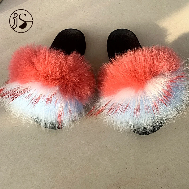

2021 Good Quality Comfort Raccoon fur slides slippers with flat bottom New design fashion slippers long furry fox fur slippers, Picture