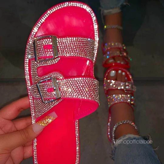 

Shiny rhinestone iron buckle blingbling jelly rubber flat slippers women's sandals
