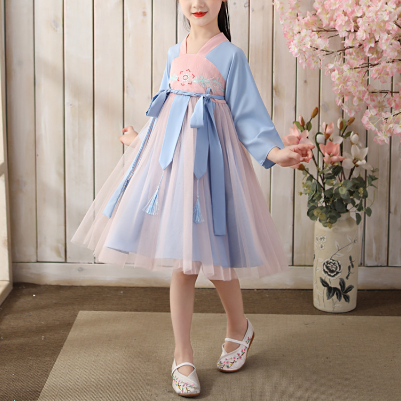 

Chinese Style Girl Hanfu Short-sleeved Catwalk Dress Performance Costume Fairy Skirt, Blue