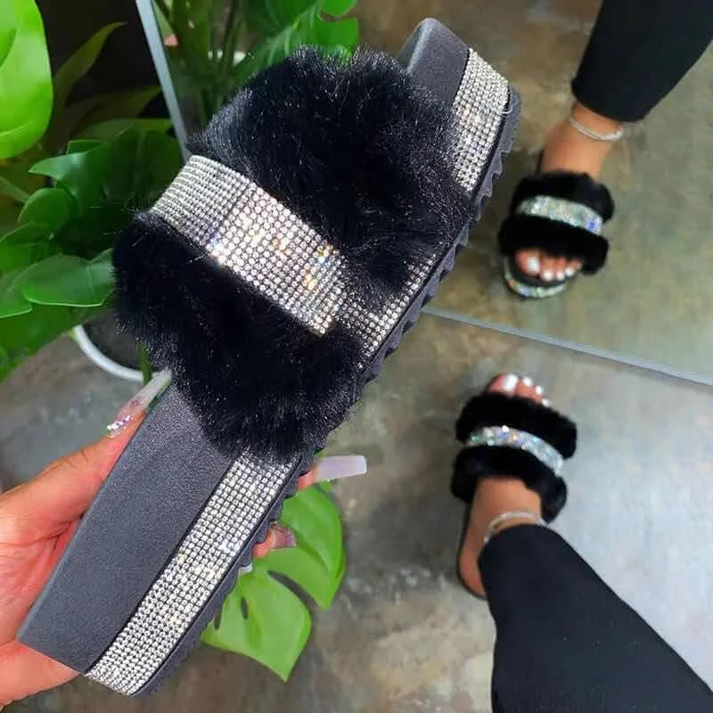 

New Arrival Fashion Women Diamond Sandals Platform Fur Slides Summer Wedge Furry Slippers Large Size, 3 colors