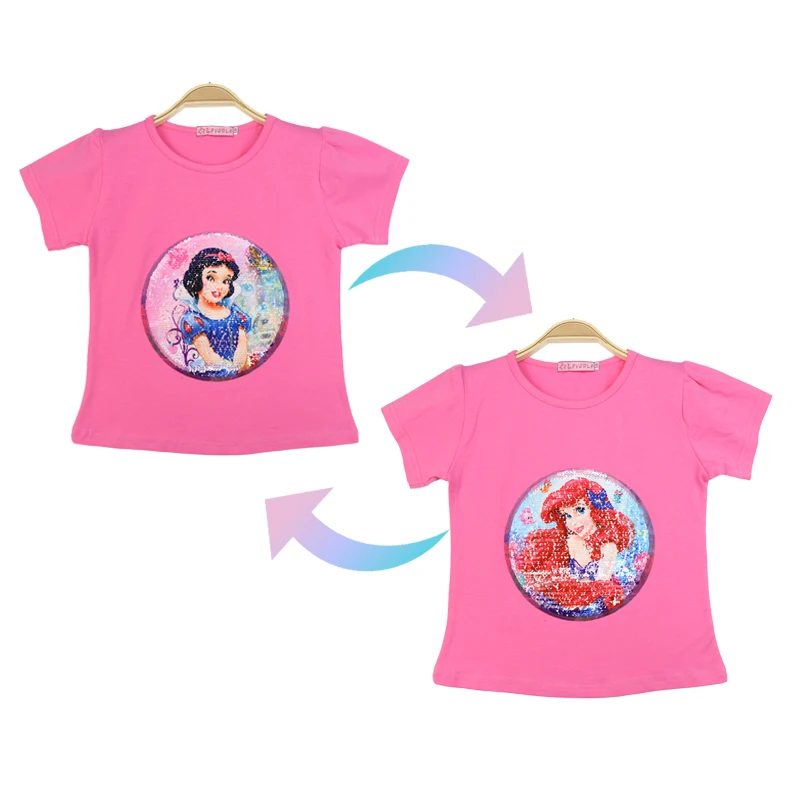 

Summer Girl T-shirt Short Sleeve Costume 1 Piece Of Velcro Sequins Change Graphics Cotton Children's Casual Kids Tee 3-8 Y