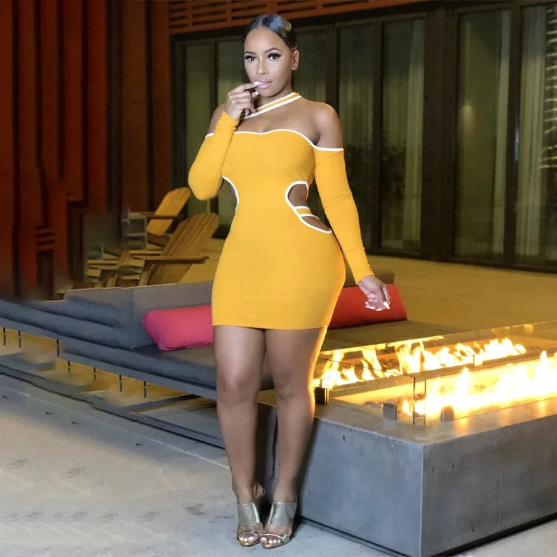 

L3343 - fashion sexy patchwork off shoulder long sleeve cut out women dress