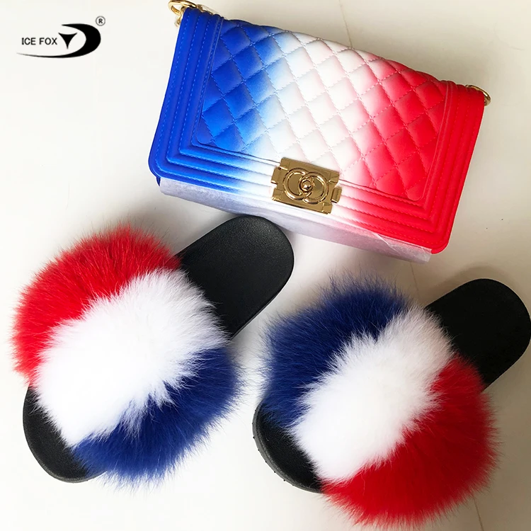 

Wholesale Rainbow Color Two Piece Set Jelly Purses Handbags With Matching Real Fur Slides For Women, Any color choices