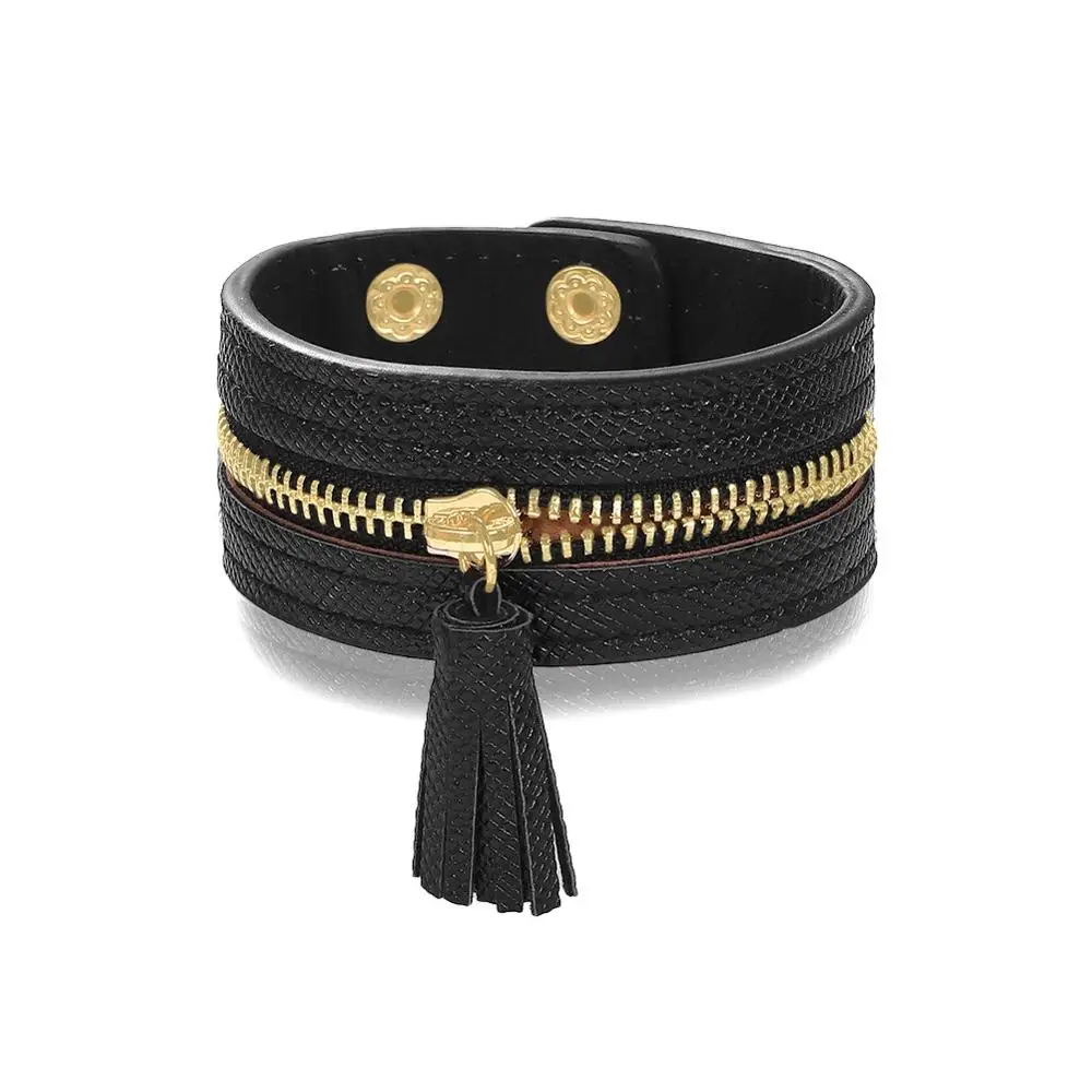 

Women Punk Black PU Leather Wide Bracelet Wristband Snap Button Metal Zipper Tassel Bracelet, As pictures