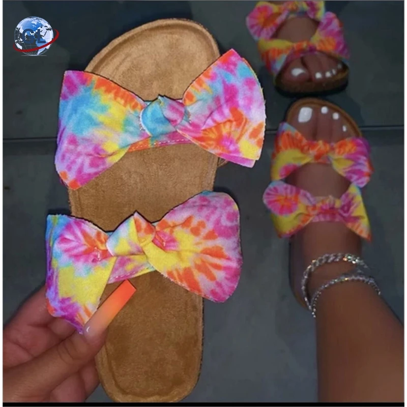 

Rainbow Bow Slides Mixed Colors Slippers 2021 Summer Tie Dye Sandals Fashion Woman Flip Flops Cute Slippers for Women