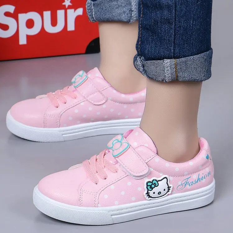 
white pink hello kitty cat kids sweet cute school sport leather footwear student girl casual children sneaker shoes 