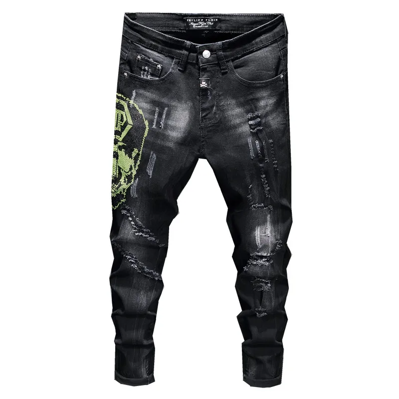 

Fashion Mens Jeans 2021 Hot Autumn Winter Men Clothing Punk Style Green Hot Drilling Holes Grind White Black Skull Hip hop Pants, Bule