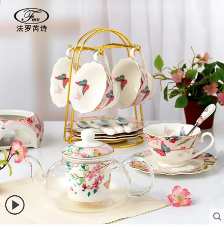 

New bone china tea set with glass teapot and warmer, Can be customized