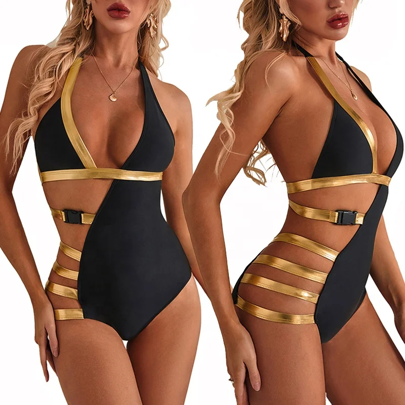 

New 2020 Fashion Bathsuit Bandage Swimming Suit One Piece Padded Bikini Color Splicing Beachwear Women Sexy Monokini Swimwear, Black/gold