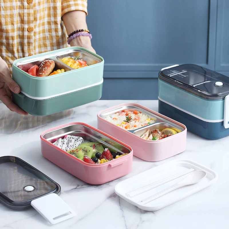 

2 Double Layer Vacuum Adult Eco Friendly Plastic Milton Metal Food Container Tiffin Kids 304 Stainless Steel Bento Lunch Box Set, Green,pink,blue