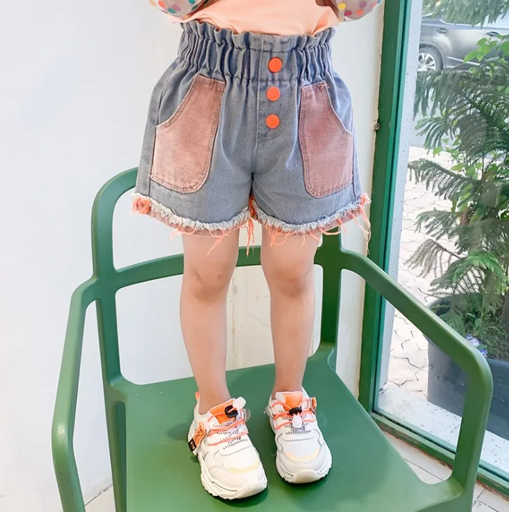 
2020 Summer Sweet Girl Denim Washed Blue or Pink Patched Shorts for 1-6T 