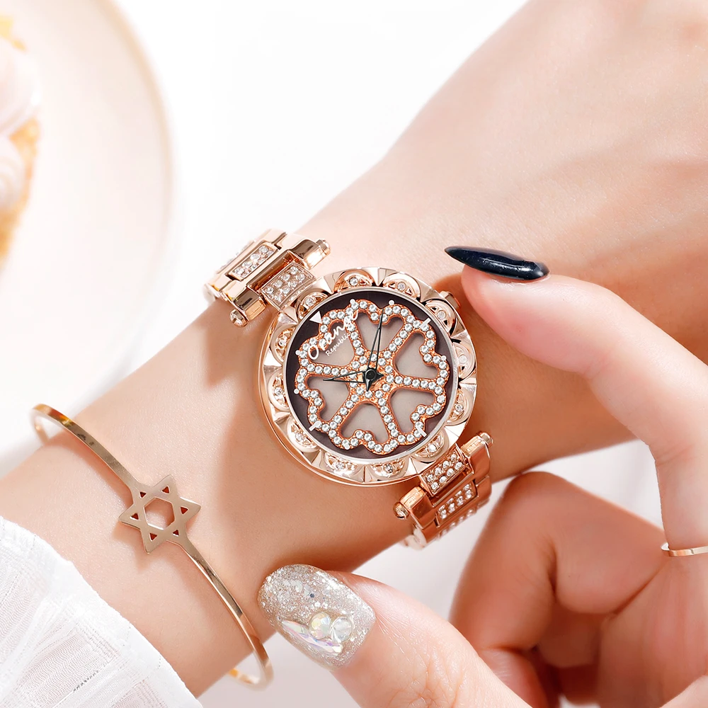 

New Luxury Golden Tourbillon Spin Unique Custom Heart Shaped Dial Top Fashion Ladies Lucky Diamond Female Beauti Quartz Watches