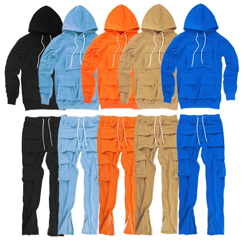 

Fleece Sportswear Two Piece Set Multi Pockets Men's Hooded Sweatshirt Cargo Pants Jogging Suit For Men Tracksuits, Khaki, orange, red, yellow, black, blue, light blue, gray, green, pink