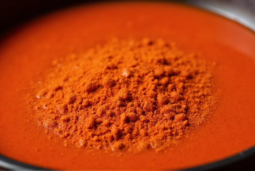 Close-up of smoked paprika being sprinkled into a bowl of tomato-based sauce