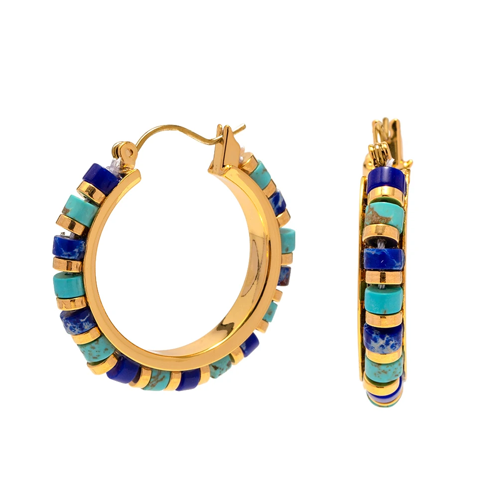 

New Trend 18K Real Gold Plated Brass Various Turquoise Lapis Stones Hoop Earring for Girls