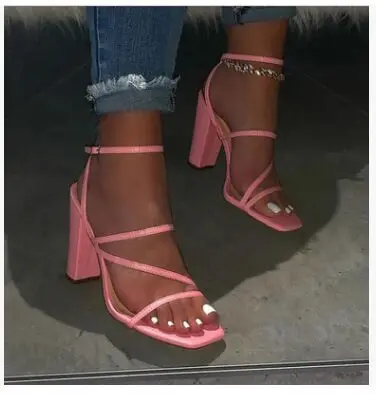 
2020 Block heel shoes women New summer high heeled Sandals Slippers Fashion Chunky Heels belt Buckle Plus size White Pink beige 