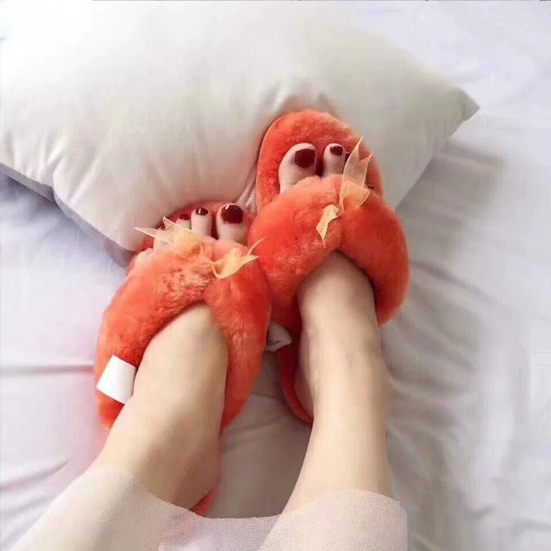 

2021 Fashion Womens Slippers Fluffy Fur Slippers Real Wool Sheepskin Slippers For Women Sandals Shoes, Green/pink/