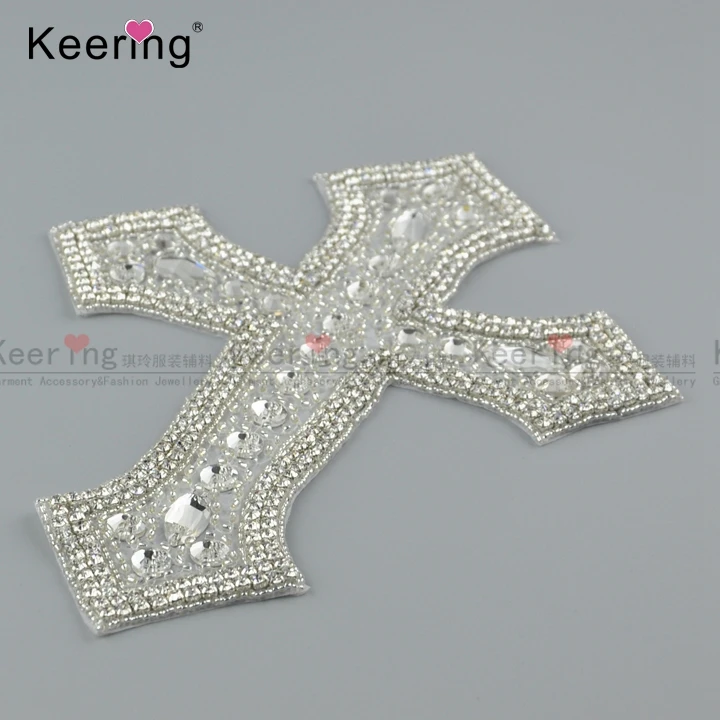 

cross cheap Rhinestone beaded peeal lace appliques, Crystal