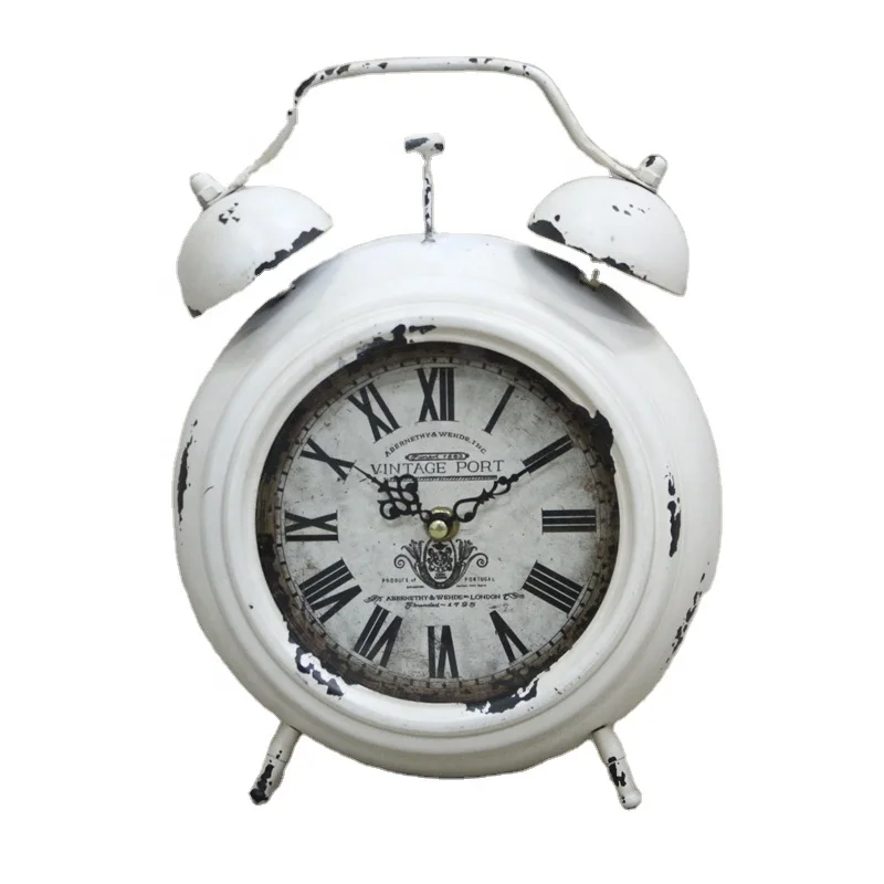 Luckywind Distressed Antique White Table Clock Vintage Metal Round Desk
