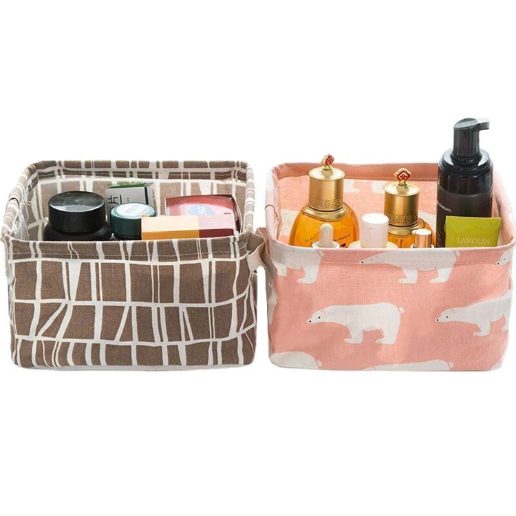 

Waterproof cotton linen storage boxes with handle, folding cartoon cute organizer for book and toys