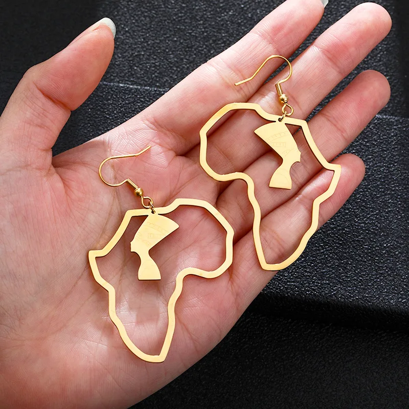 

Stainless Steel Egypt Queen Nefertiti Ankh Women Jewelry 18K Gold Plated Large Hoop Africa African Map Earrings