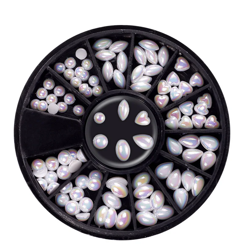 

RTS Nail Art Decoration Jewelry Iridescence White Flat Bottom Pearl Nail Special-shaped Illusion Nail Rhinestone